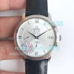 Replica Omega De Ville Silver Dial Black Leather Strap Watch 